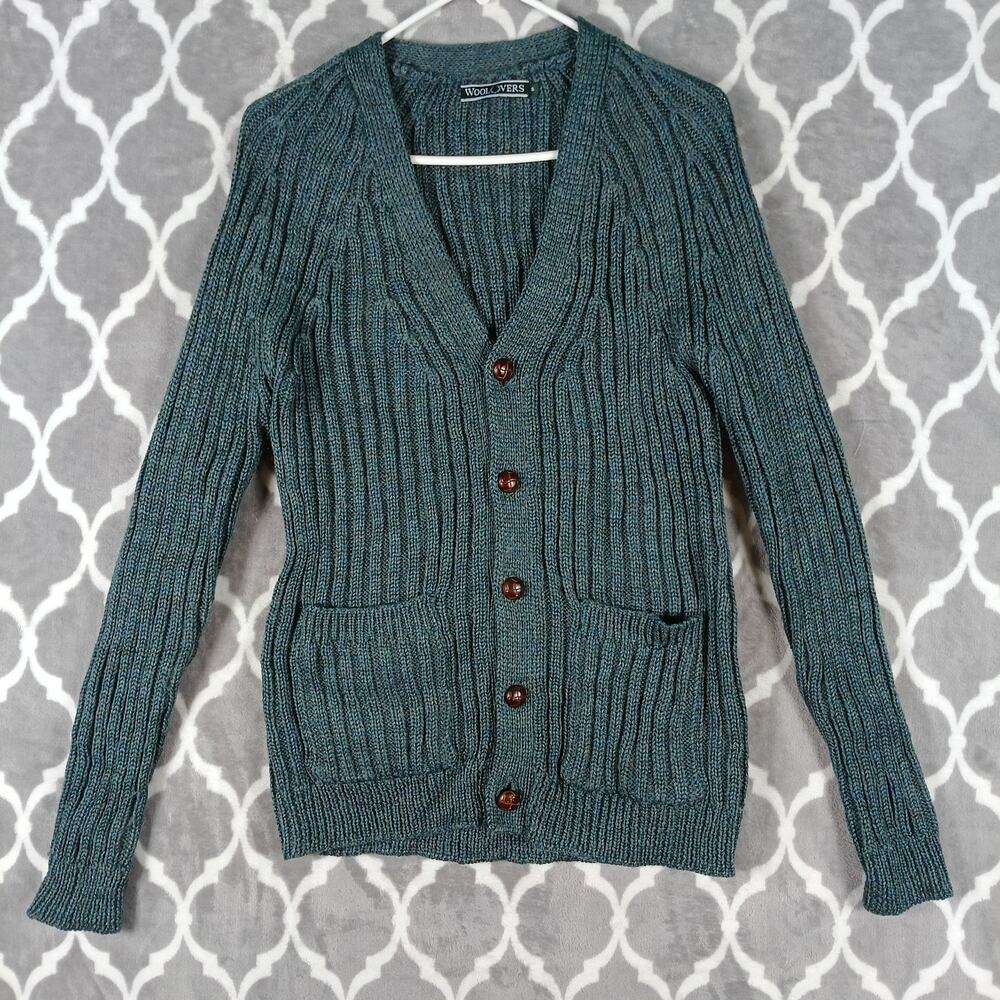 Woolovers‎ Cardigan Sweater Women Size Small Green V Neck 100% Wool Pockets